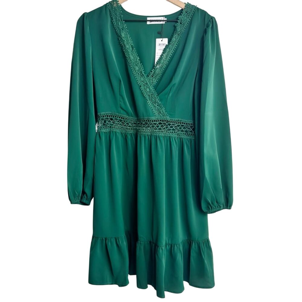 BIUBIU LONG SLEEVE GREEN WOMEN V-NECK SHORT DRESS BRAND NEW WITH TAGS SIZE LARGE